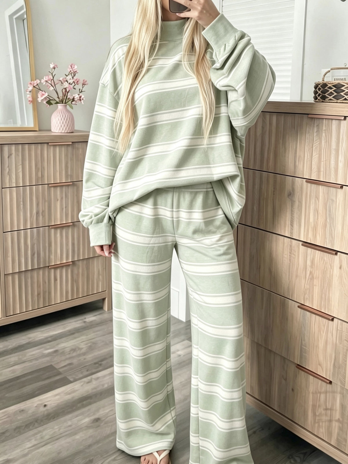 Casual Long Sleeve Lounge Set - Soft Striped Two Piece Suit