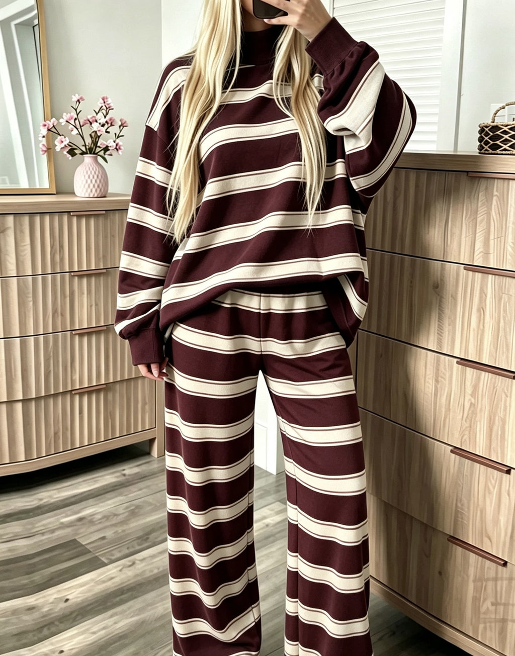 Casual Long Sleeve Lounge Set - Soft Striped Two Piece Suit